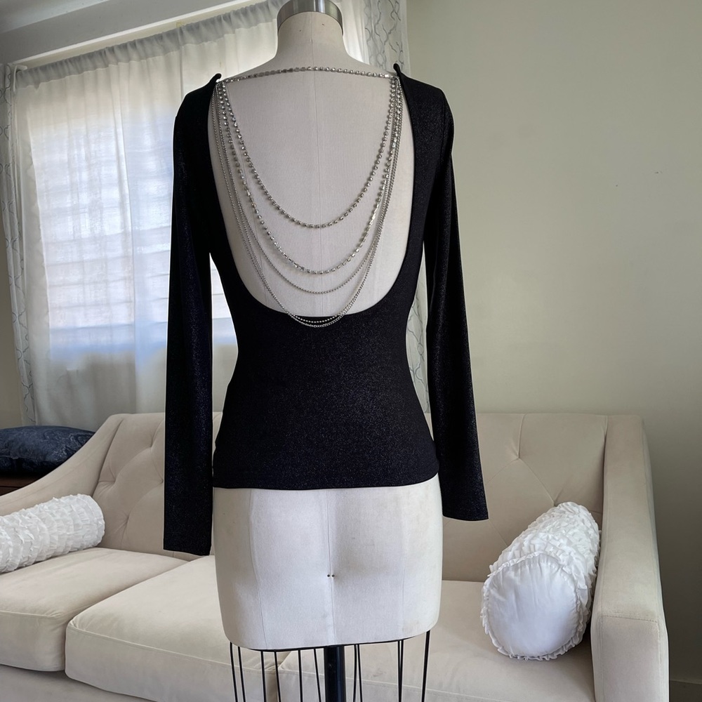 GUESS long sleeved shimmer low back with bling/ chain detail- XS